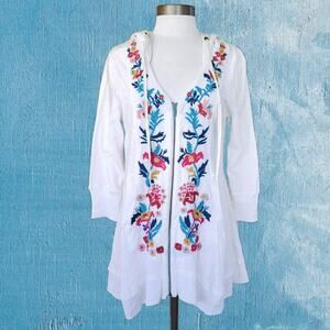 CAITE White Boho Floral Embroidered Zip Front Hoodie Jacket Medium 3/4 Sleeve